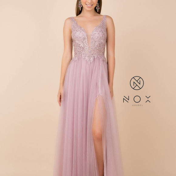 V-Neckline Prom Long A-Line Dress NXY300 L/Mauve